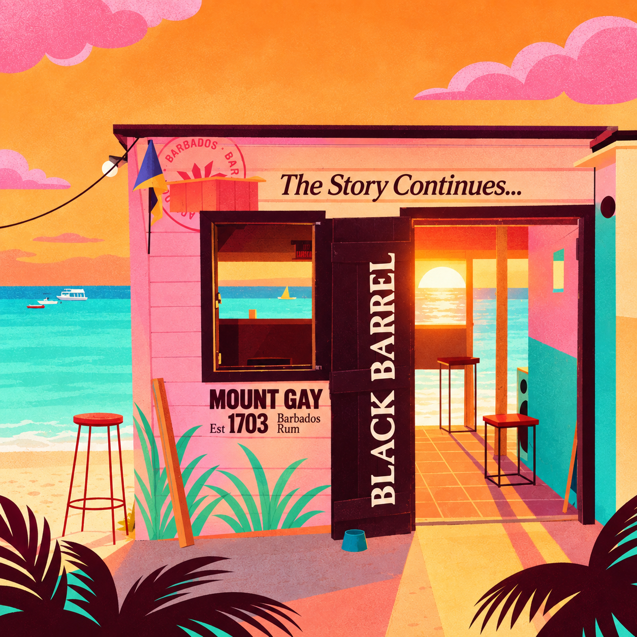 Illustrated Barbados beachside rum shop at sunset
