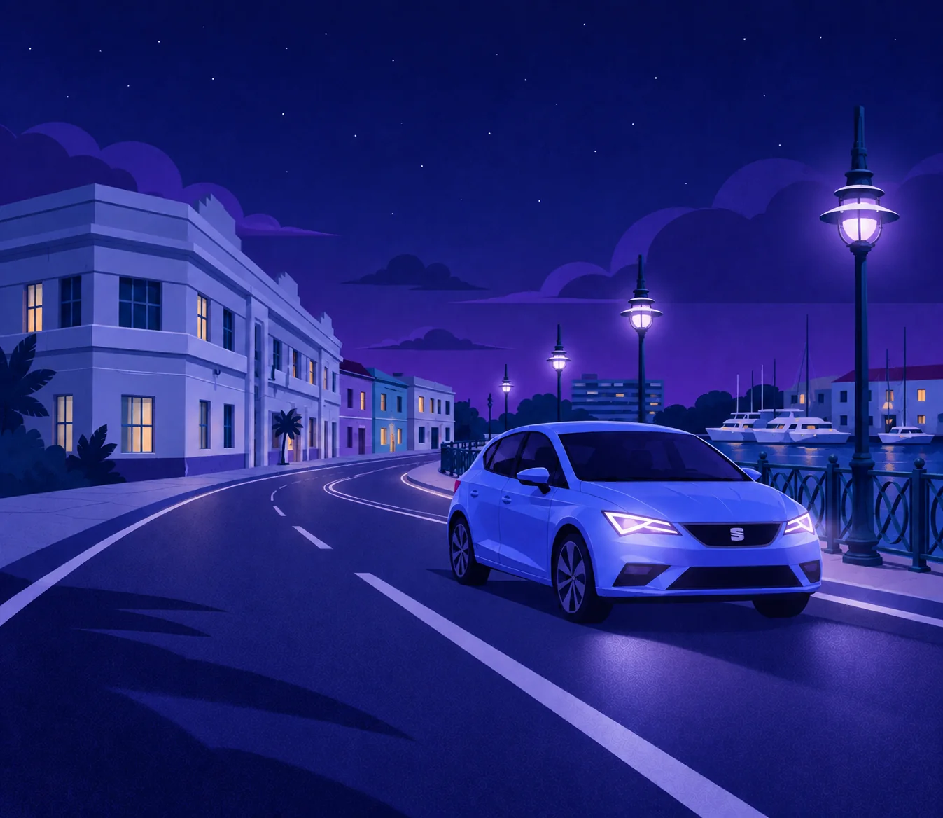 Illustration of a car beside the Bridgetown waterfront at night, with blue and purple streetlights