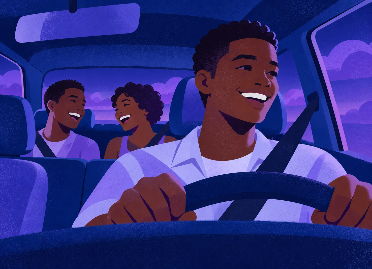 Illustration of a smiling pickUP driver with two passengers at night