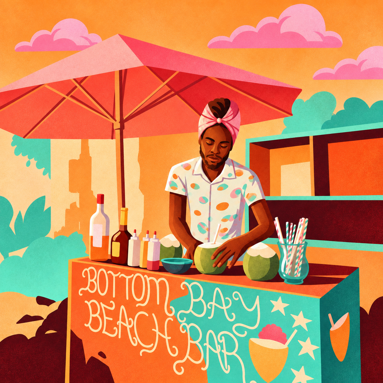Illustration of a coconut vendor at Bottom Bay Beach Bar in Barbados