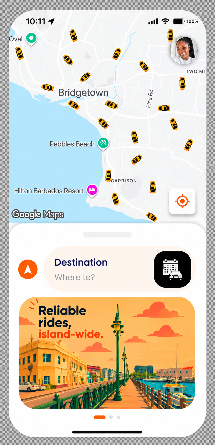 pickUP map of Bridgetown with nearby taxis and destination controls
