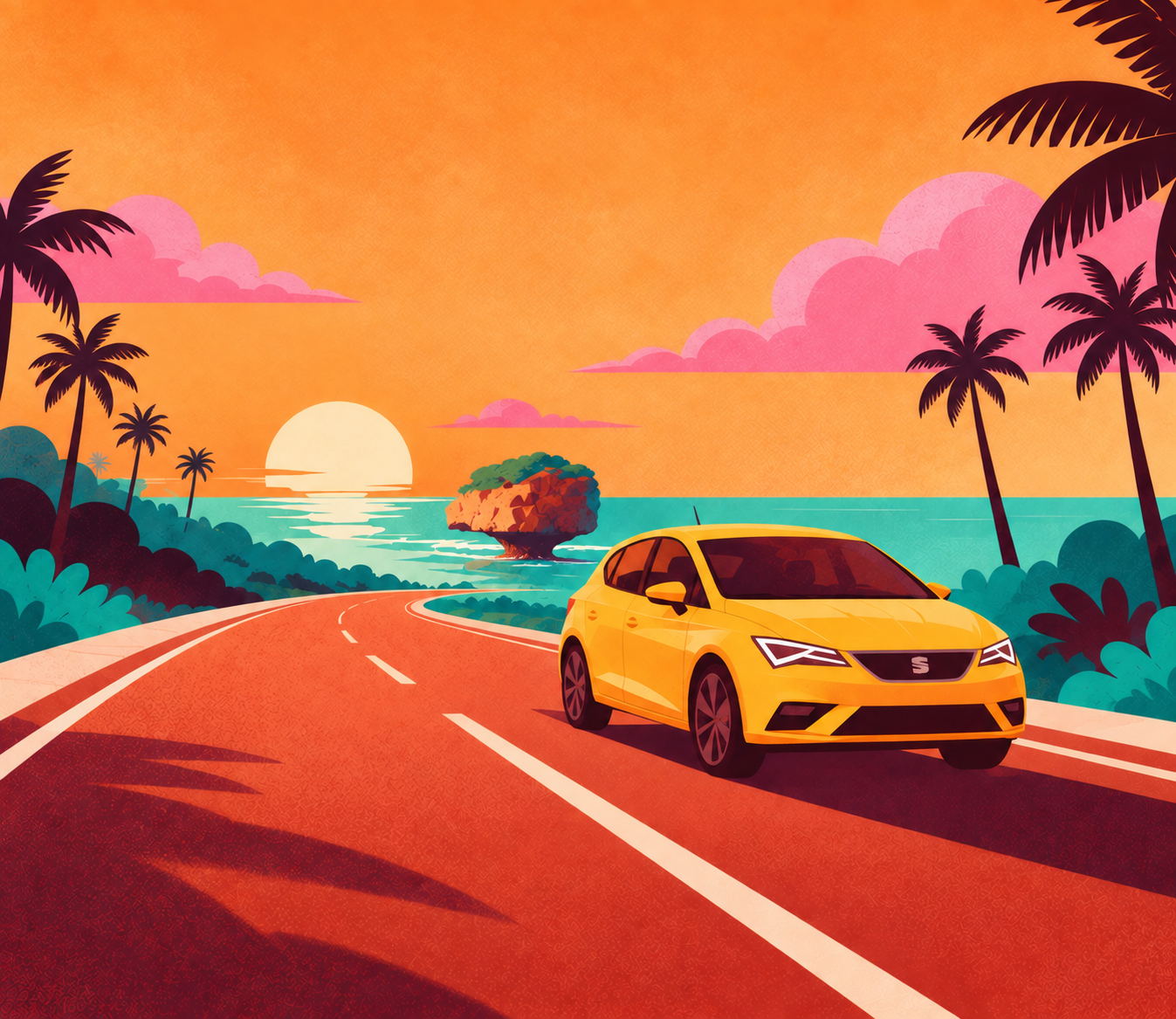 Illustration of a yellow car on a Barbados coastal road with the iconic rock, palm trees and an orange sunset