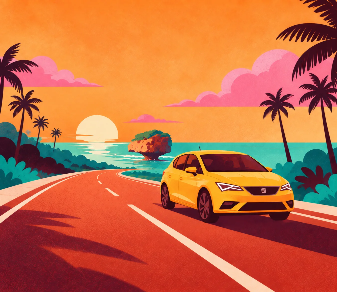 Illustration of a yellow car on a Barbados coastal road with the iconic rock, palm trees and an orange sunset
