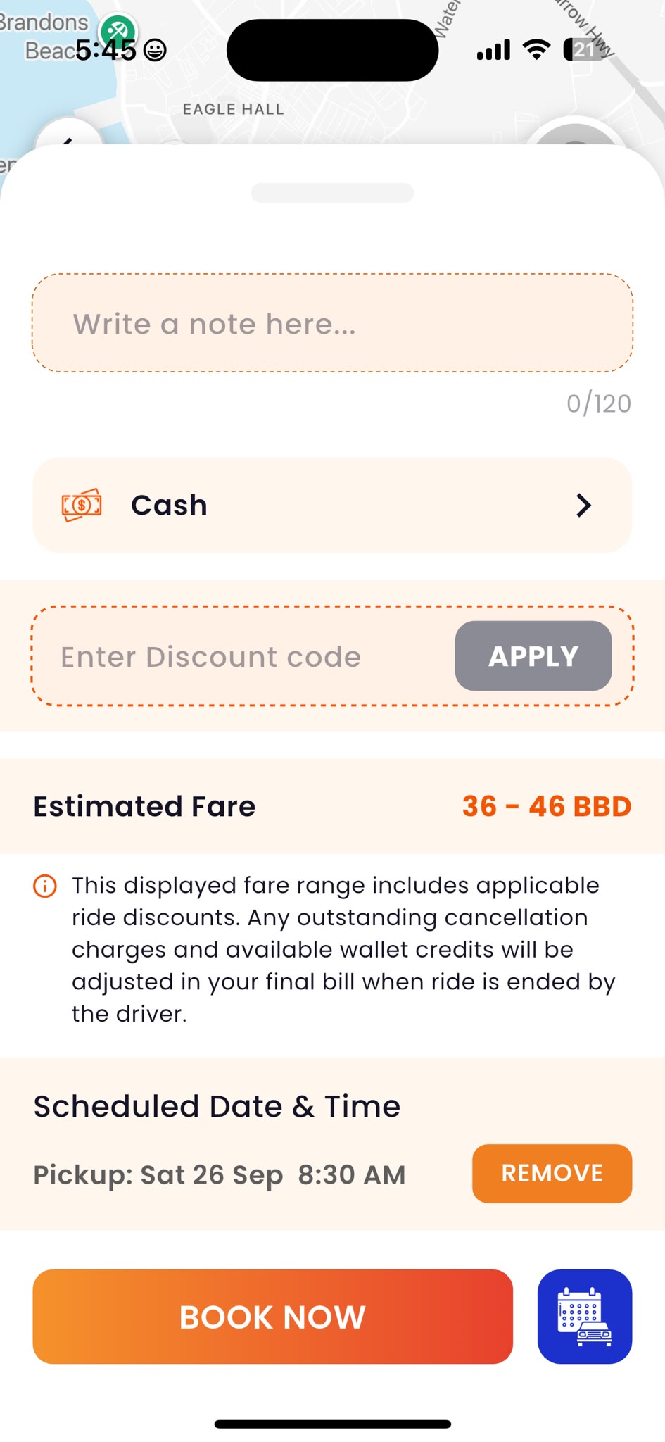 pickUP booking screen showing an estimated fare of 36–46 BBD, cash payment and a scheduled pickup