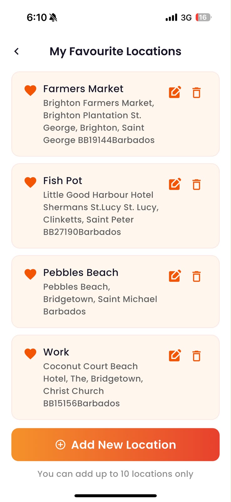 Saved favourite locations including Farmers Market, Fish Pot and Pebbles Beach