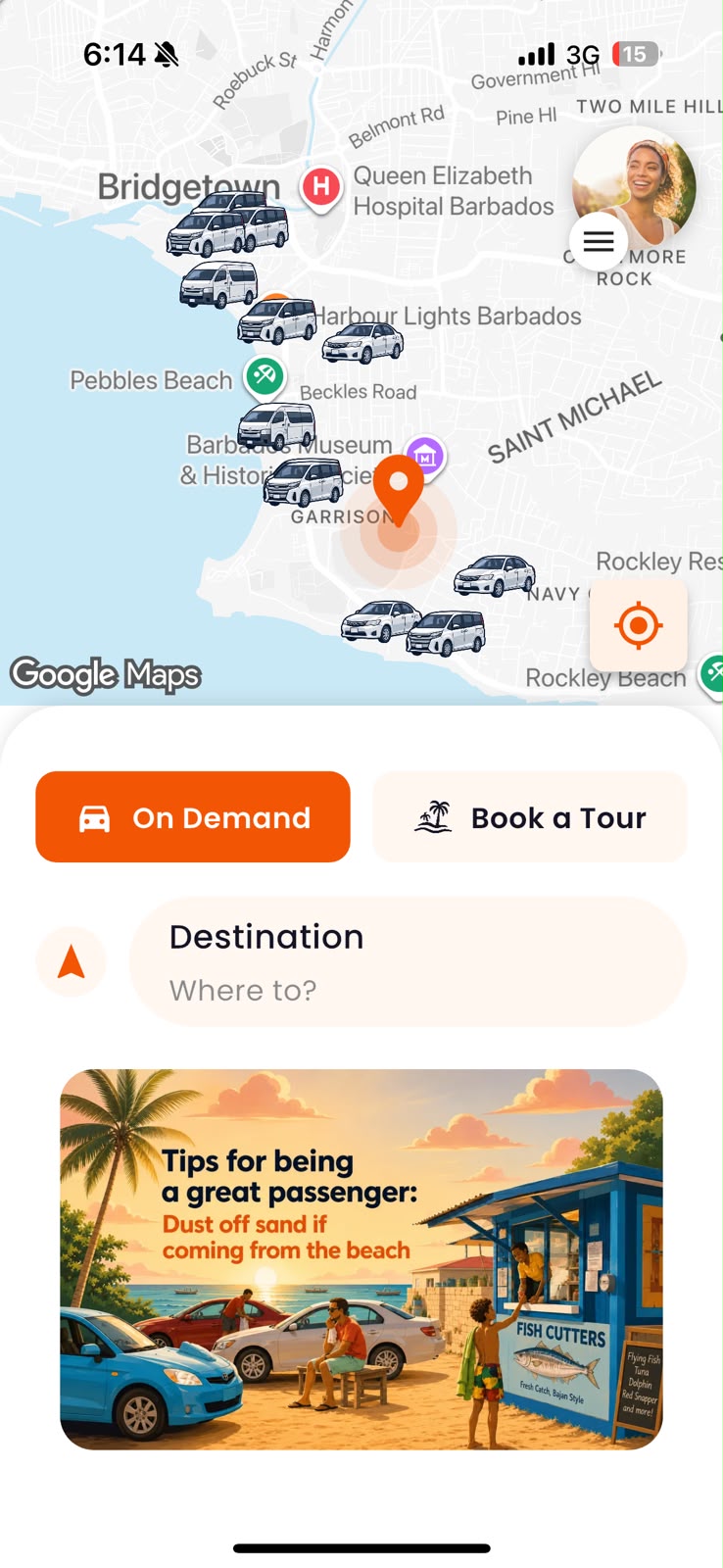 pickUP home screen showing nearby taxis in Bridgetown and the destination control