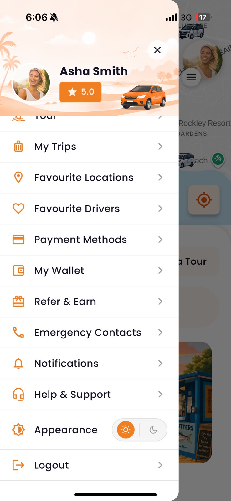 pickUP account menu showing trips, favourite drivers, payment methods and support