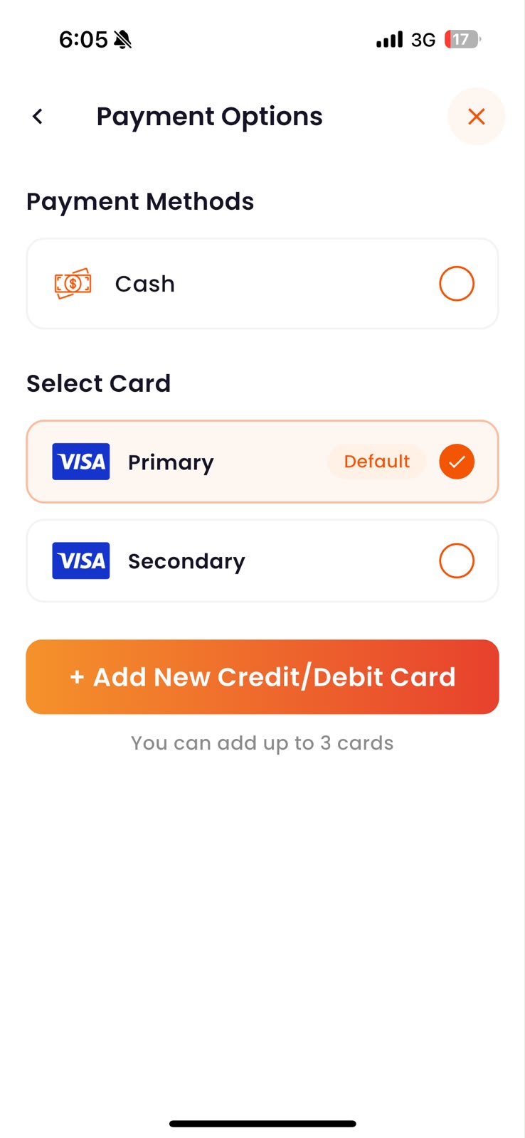 Payment options showing cash and two saved Visa cards