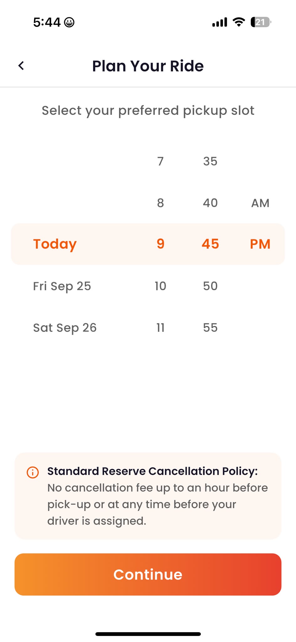 pickUP Plan Your Ride screen with a date and time picker for a scheduled pickup