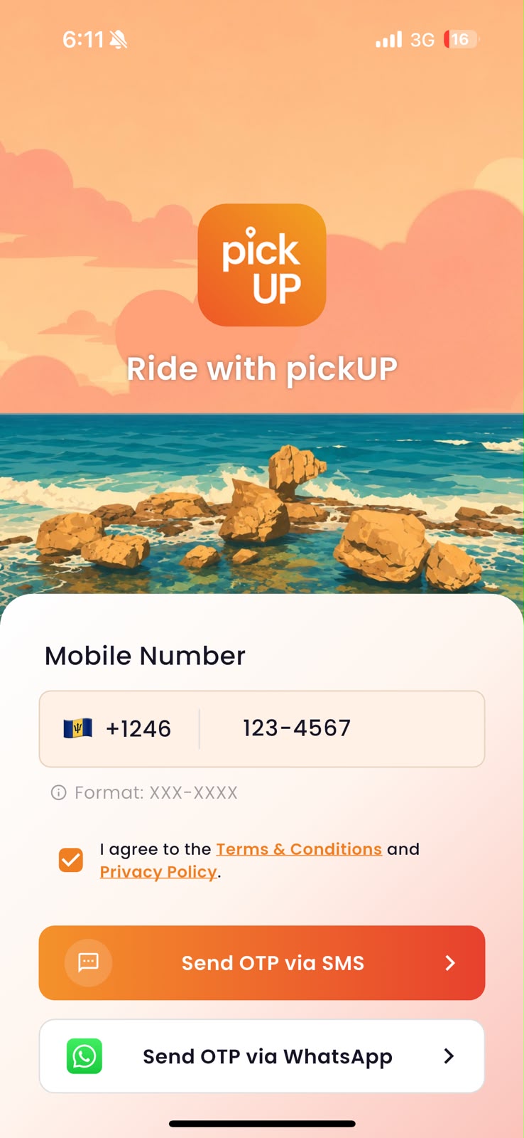 pickUP rider sign-in screen with SMS and WhatsApp options