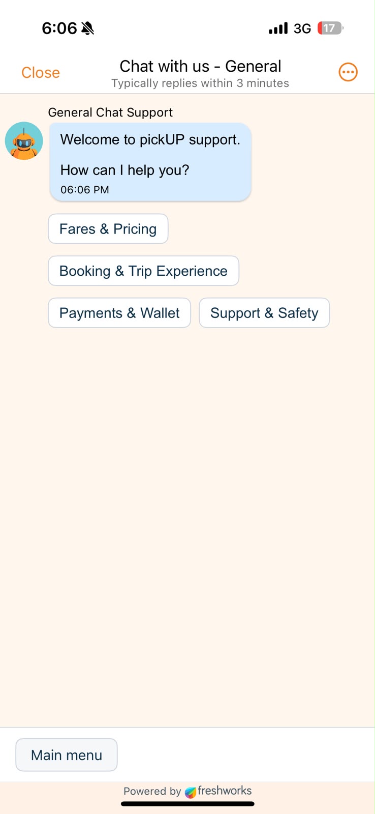 pickUP support chat with fares, booking, payments and support topics